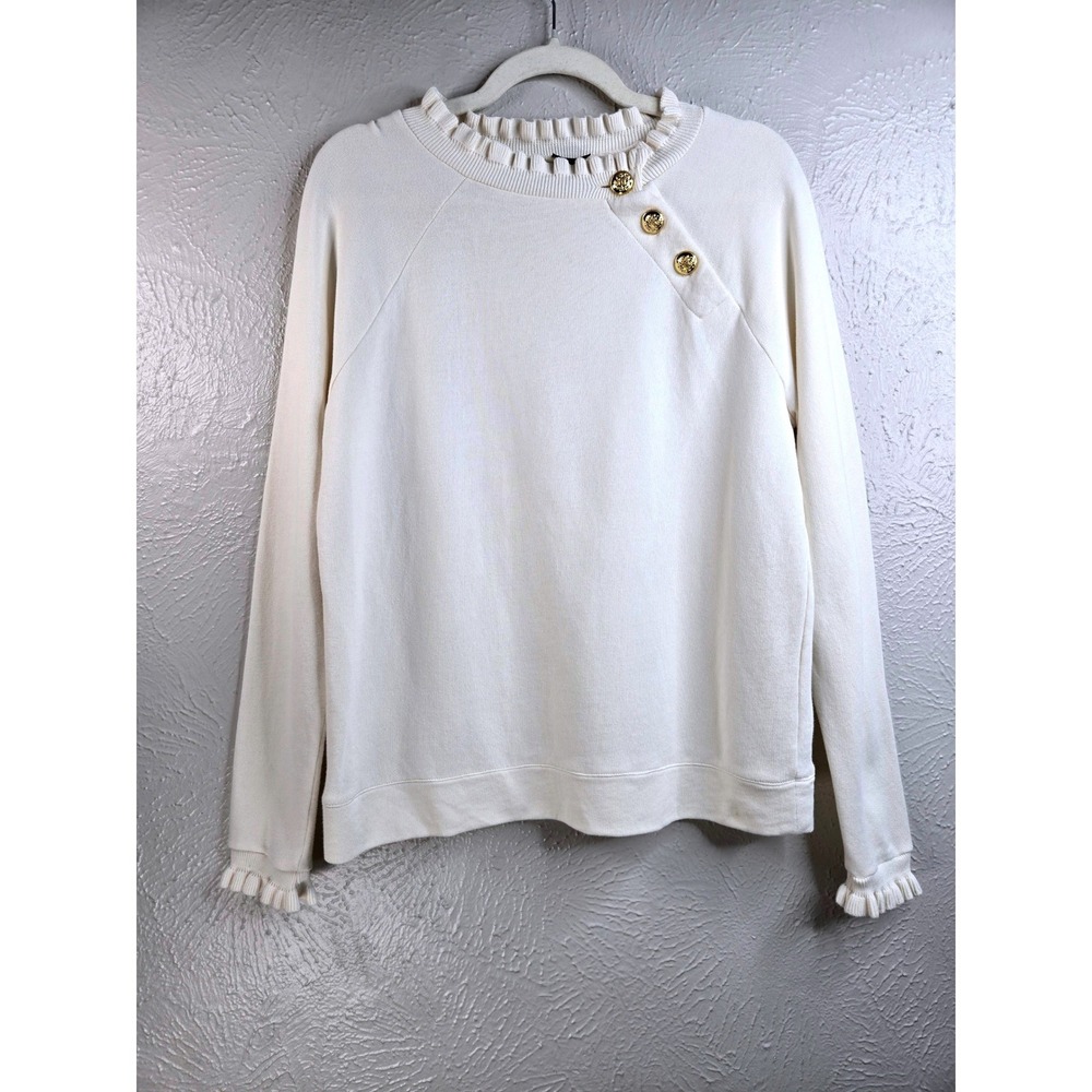 Talbots Nautical Sweatshirt S Cream Gold Button Ruffle Trim Pullover Preppy Top